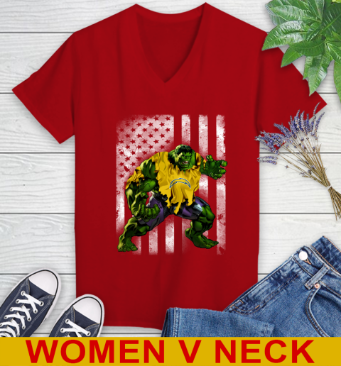 Los Angeles Chargers Hulk Marvel Avengers NFL Football American Flag Women's V-Neck T-Shirt 10