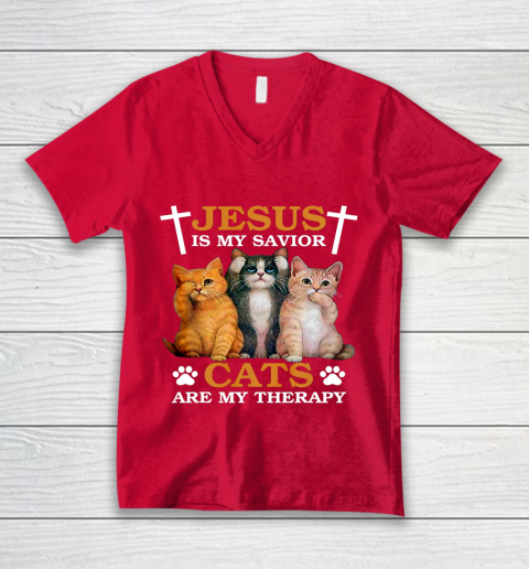 Jesus is My Savior Cat are My Therapy Christians Cat Lover V-Neck T-Shirt 6