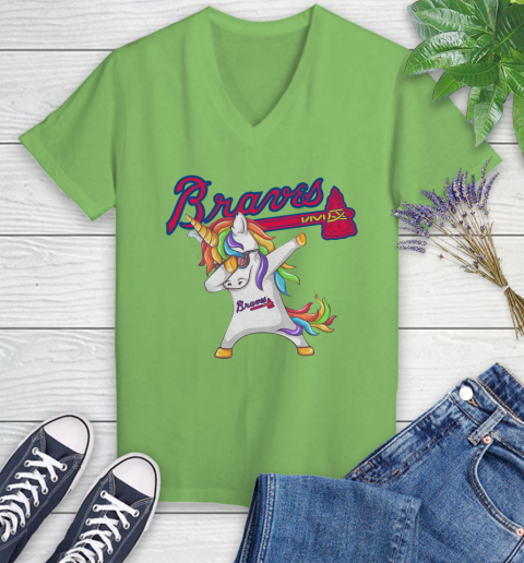 Atlanta Braves MLB Baseball Funny Unicorn Dabbing Sports Women's V-Neck T-Shirt 11