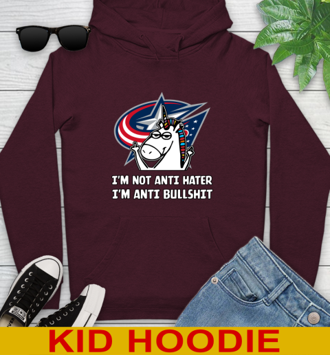 Columbus Blue Jackets NHL Hockey Unicorn I'm Not Anti Hater I'm Anti Bullshit Youth Hoodie 7