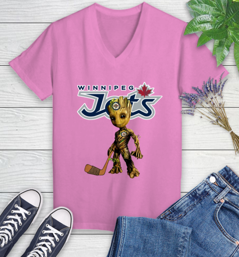 Winnipeg Jets NHL Hockey Groot Marvel Guardians Of The Galaxy Women's V-Neck T-Shirt 14