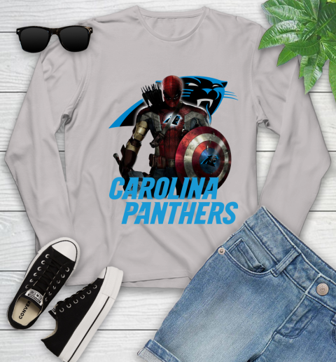 NFL Captain America Thor Spider Man Hawkeye Avengers Endgame Football Carolina Panthers Youth Long Sleeve 12