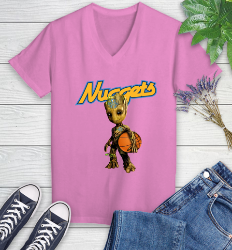 Denver Nuggets NBA Basketball Groot Marvel Guardians Of The Galaxy Women's V-Neck T-Shirt 14