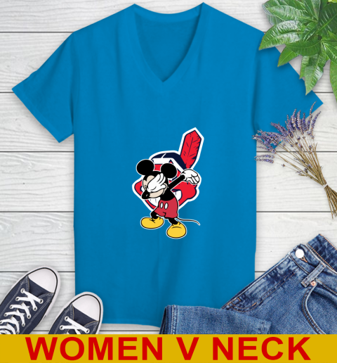 Cleveland Indians MLB Baseball Dabbing Mickey Disney Sports Women's V-Neck T-Shirt 8