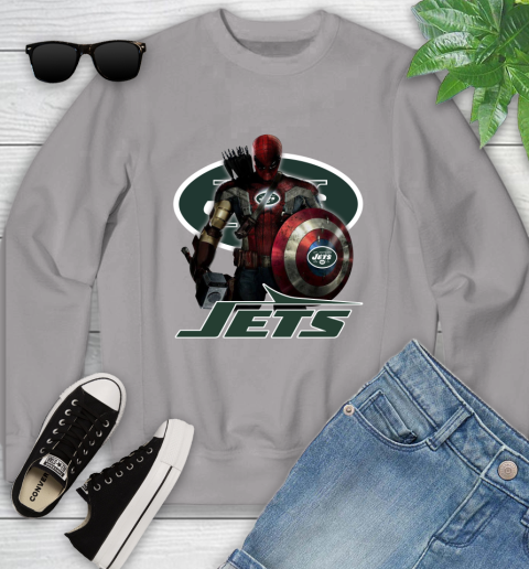 NFL Captain America Thor Spider Man Hawkeye Avengers Endgame Football New York Jets Youth Sweatshirt 4