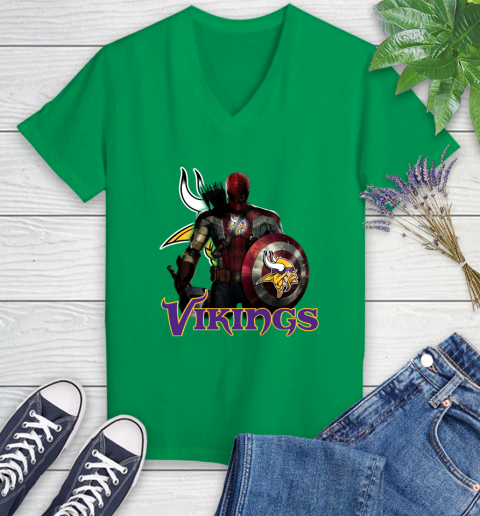NFL Captain America Thor Spider Man Hawkeye Avengers Endgame Football Minnesota Vikings Women's V-Neck T-Shirt 5