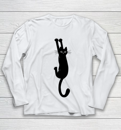 Black Cat Holding On Funny Shirt Youth Long Sleeve