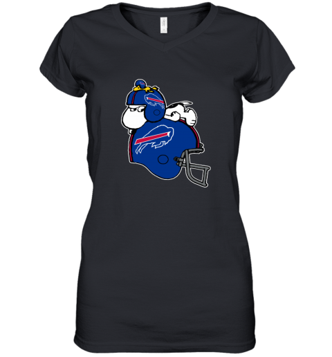 n8to snoopy and woodstock resting on buffalo bills helmet women v neck t shirt 39 front black