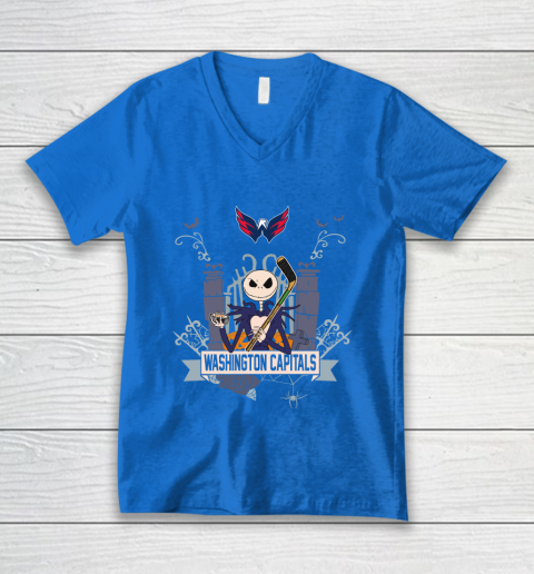 NHL Washington Capitals Hockey Jack Skellington Halloween V-Neck T-Shirt 5