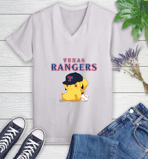 MLB Pikachu Baseball Sports Texas Rangers Women's V-Neck T-Shirt
