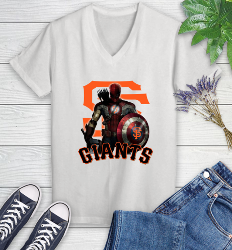 MLB Captain America Thor Spider Man Hawkeye Avengers Endgame Baseball San Francisco Giants Women's V-Neck T-Shirt