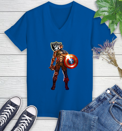 NFL Captain America Marvel Avengers Endgame Football Sports Oakland Raiders Women's V-Neck T-Shirt 10