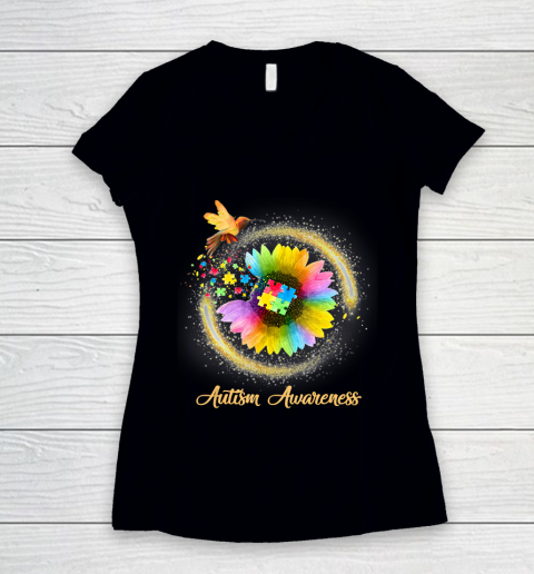 Autism Awareness Month Tshirt Hummingbird Sunflower Flower Women's V-Neck T-Shirt