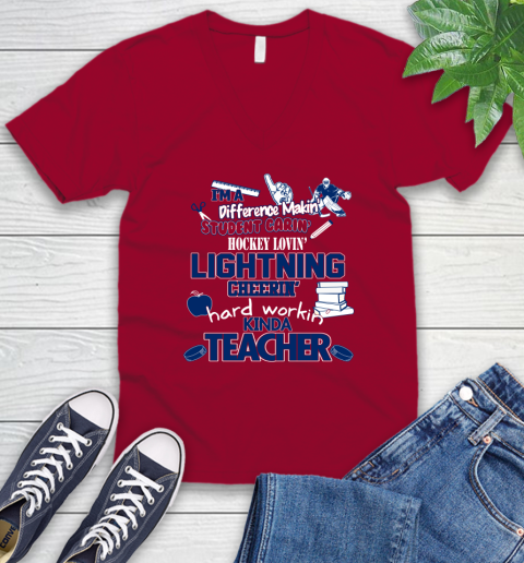 Tampa Bay Lightning NHL I'm A Difference Making Student Caring Hockey Loving Kinda Teacher V-Neck T-Shirt 7
