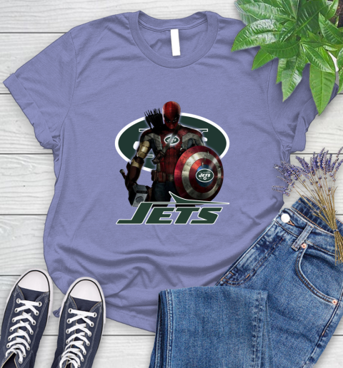 NFL Captain America Thor Spider Man Hawkeye Avengers Endgame Football New York Jets Women's T-Shirt 11
