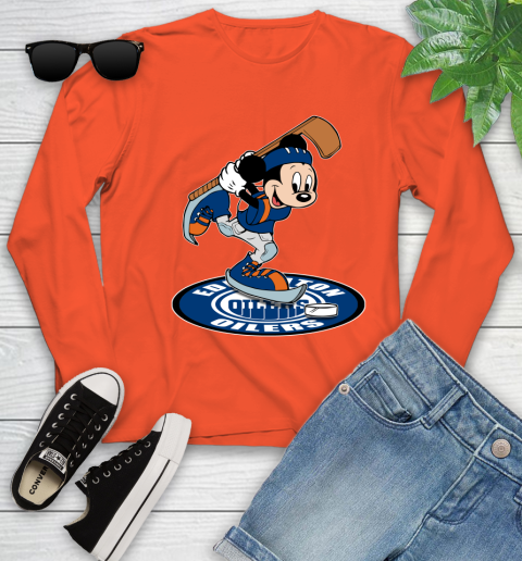 NHL Hockey Edmonton Oilers Cheerful Mickey Disney Shirt Youth Long Sleeve 4