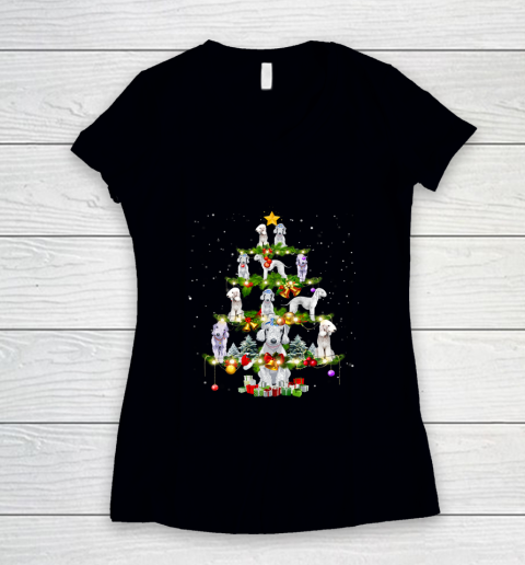 Bedlington Terrier Dog Xmas Tree Lights Ugly Christmas Gift Women's V-Neck T-Shirt