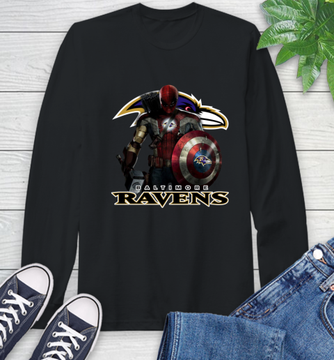 NFL Captain America Thor Spider Man Hawkeye Avengers Endgame Football Baltimore Ravens Long Sleeve T-Shirt 2