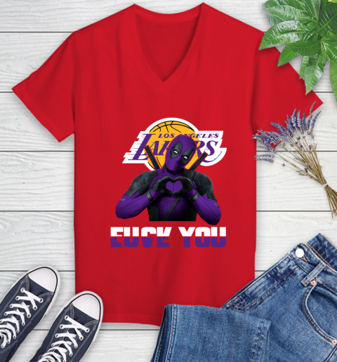NBA Los Angeles Lakers Deadpool Love You Fuck You Basketball Women's V-Neck T-Shirt 11