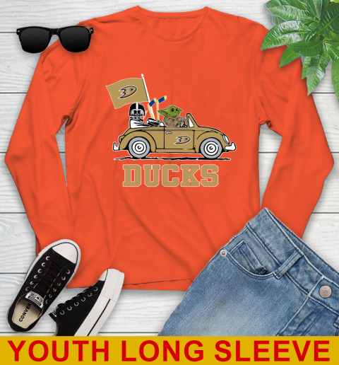 NHL Hockey Anaheim Ducks Darth Vader Baby Yoda Driving Star Wars Shirt Youth Long Sleeve 4