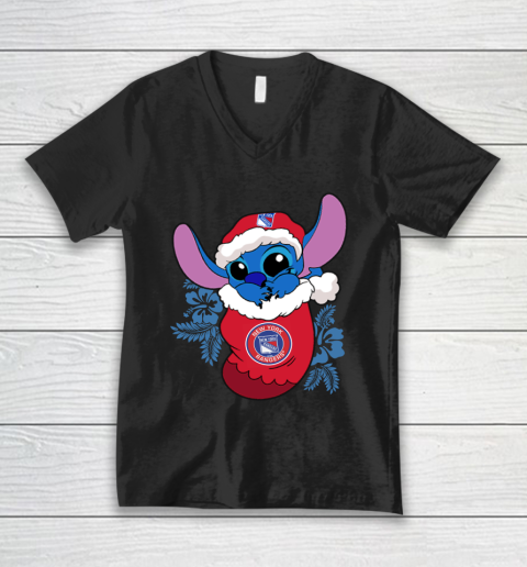 New York Rangers Christmas Stitch In The Sock Funny Disney NHL V-Neck T-Shirt