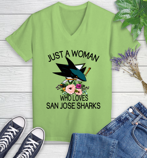 NHL Just A Woman Who Loves San Jose Sharks Hockey Sports Women's V-Neck T-Shirt 6