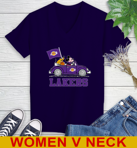 NBA Basketball Los Angeles Lakers Pluto Mickey Driving Disney Shirt Women's V-Neck T-Shirt 4