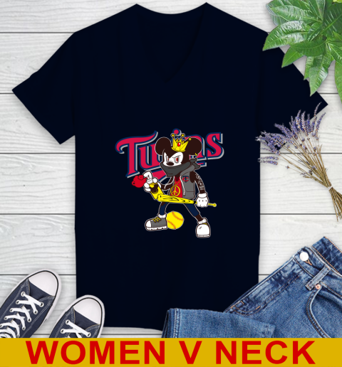 Minnesota Twins MLB Baseball Mickey Peace Sign Sports Women's V-Neck T-Shirt 3