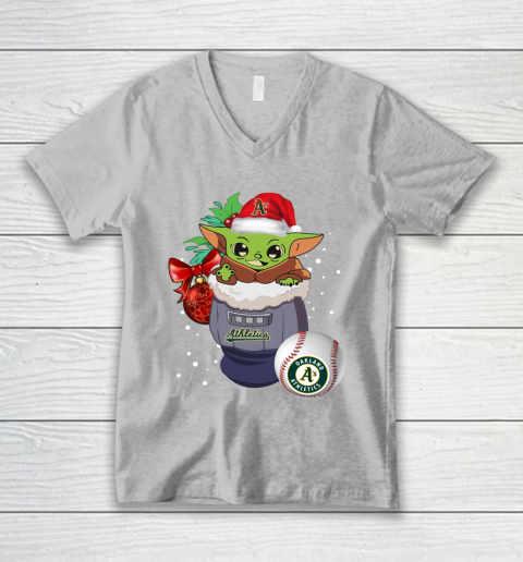 Oakland Athletics Christmas Baby Yoda Star Wars Funny Happy MLB V-Neck T-Shirt 4