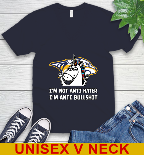Nashville Predators NHL Hockey Unicorn I'm Not Anti Hater I'm Anti Bullshit V-Neck T-Shirt 3