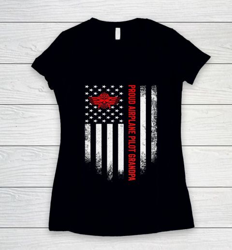 GrandFather gift shirt Vintage USA American Flag Proud Airplane Pilot Grandpa Funny T Shirt Women's V-Neck T-Shirt
