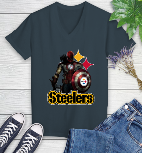 NFL Captain America Thor Spider Man Hawkeye Avengers Endgame Football Pittsburgh Steelers Women's V-Neck T-Shirt 8