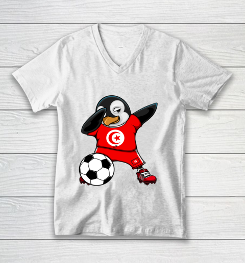 Dabbing Penguin Tunisia Soccer Fans Jersey Football Lovers V-Neck T-Shirt