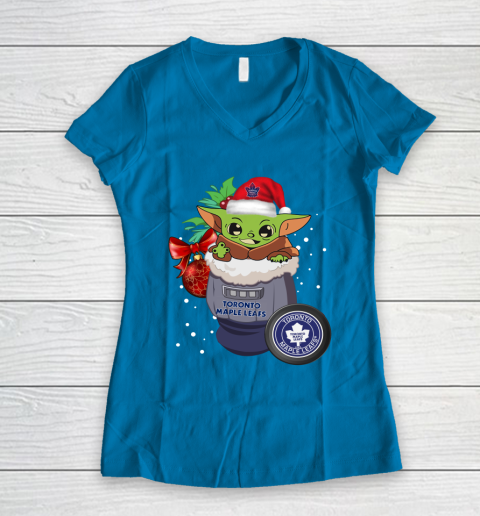 Toronto Maple Leafs Christmas Baby Yoda Star Wars Funny Happy NHL Women's V-Neck T-Shirt 7
