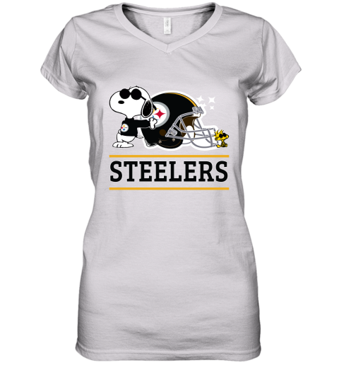 The Pittsburg Steelers Joe Cool And Woodstock Snoopy Mashup Women's V-Neck T-Shirt