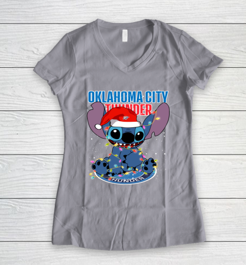 Oklahoma City Thunder NBA noel stitch Basketball Christmas Women's V-Neck T-Shirt 2