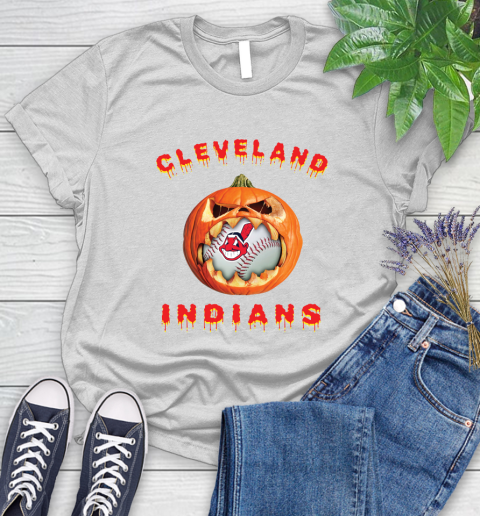MLB Cleveland Indians Halloween Pumpkin Baseball Sports Women's T-Shirt