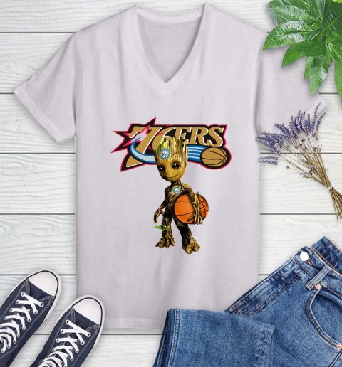 Philadelphia 76ers NBA Basketball Groot Marvel Guardians Of The Galaxy Women's V-Neck T-Shirt