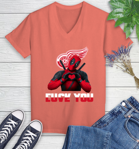 NHL Detroit Red Wings Deadpool Love You Fuck You Hockey Sports Women's V-Neck T-Shirt 6