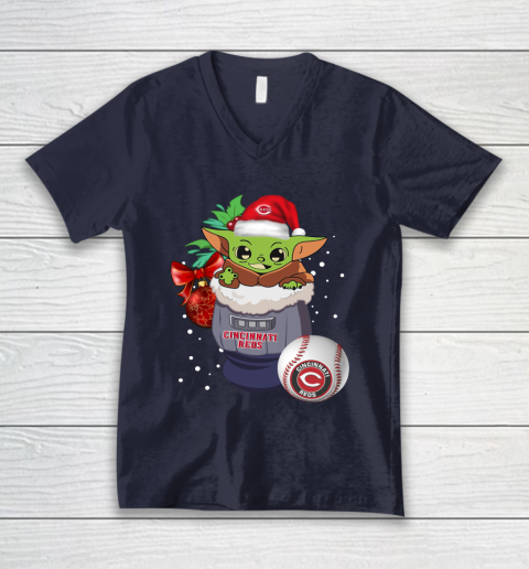 Cincinnati Reds Christmas Baby Yoda Star Wars Funny Happy MLB V-Neck T-Shirt 3