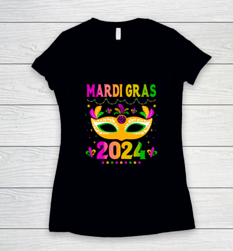 Mardi Gras 2024 Funny Mardi Gras Mask Costume Women's V-Neck T-Shirt