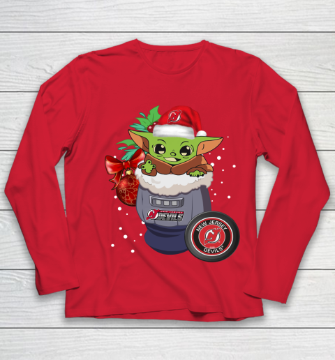 New Jersey Devils Christmas Baby Yoda Star Wars Funny Happy NHL Youth Long Sleeve 10