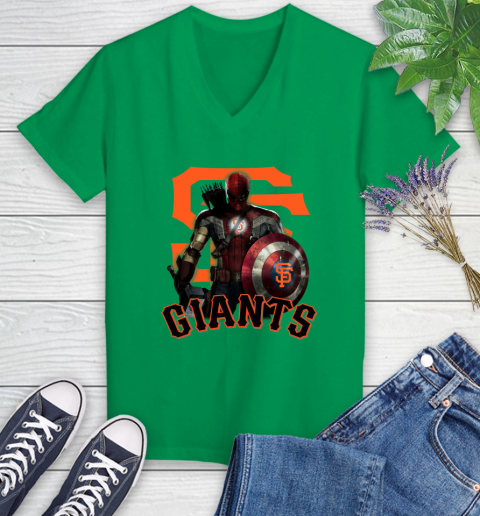 MLB Captain America Thor Spider Man Hawkeye Avengers Endgame Baseball San Francisco Giants Women's V-Neck T-Shirt 5