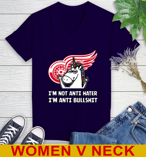 Detroit Red Wings NHL Hockey Unicorn I'm Not Anti Hater I'm Anti Bullshit Women's V-Neck T-Shirt 4
