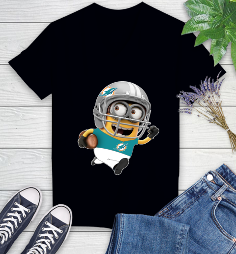 NFL Miami Dolphins Minions Disney Football Sports Women's V-Neck T-Shirt 2