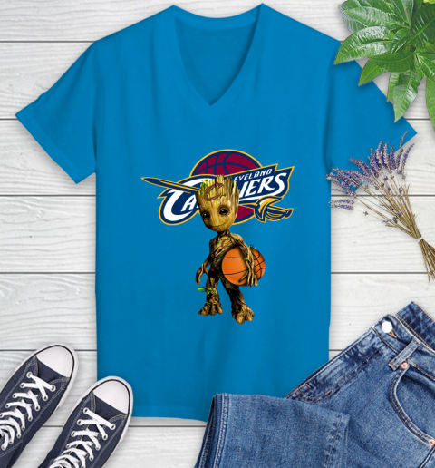 Cleveland Cavaliers NBA Basketball Groot Marvel Guardians Of The Galaxy Women's V-Neck T-Shirt 7