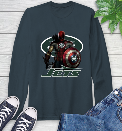 NFL Captain America Thor Spider Man Hawkeye Avengers Endgame Football New York Jets Long Sleeve T-Shirt 8