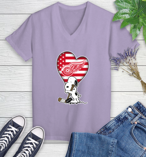 Detroit Red Wings NHL Hockey The Peanuts Movie Adorable Snoopy Women's V-Neck T-Shirt 14