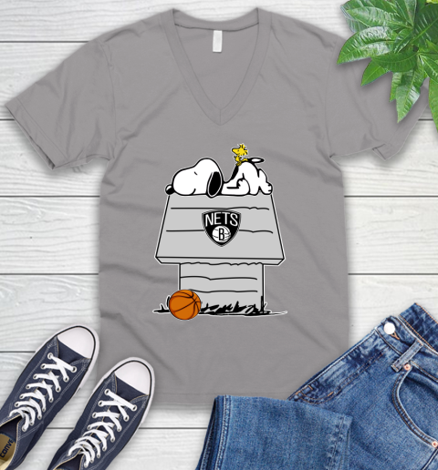 Brooklyn Nets NBA Basketball Snoopy Woodstock The Peanuts Movie V-Neck T-Shirt 4