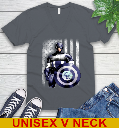 Colorado Rockies MLB Baseball Captain America Marvel Avengers American Flag Shirt V-Neck T-Shirt 4